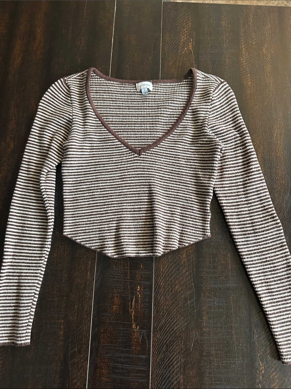La Hearts Brown & Cream Striped V-Neck Long Sleeve Crop Top